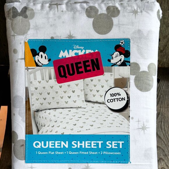 Disney Mickey Minnie Mouse GRAY SILHOUETTE Queen Size 100% Cotton Sheet Set - Picture 1 of 3